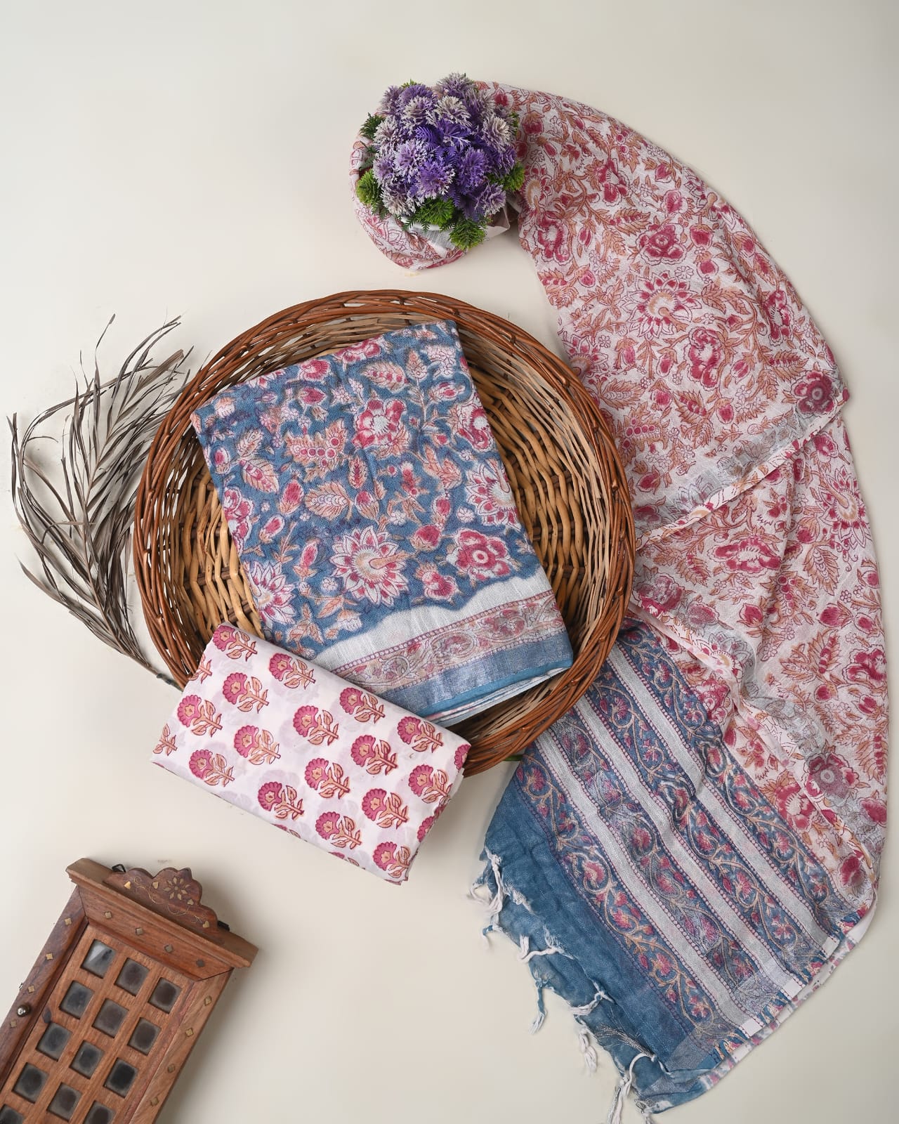 Blue cotton linen dress material wholesale, handblock printed cotton linen suit set by Fabtexs